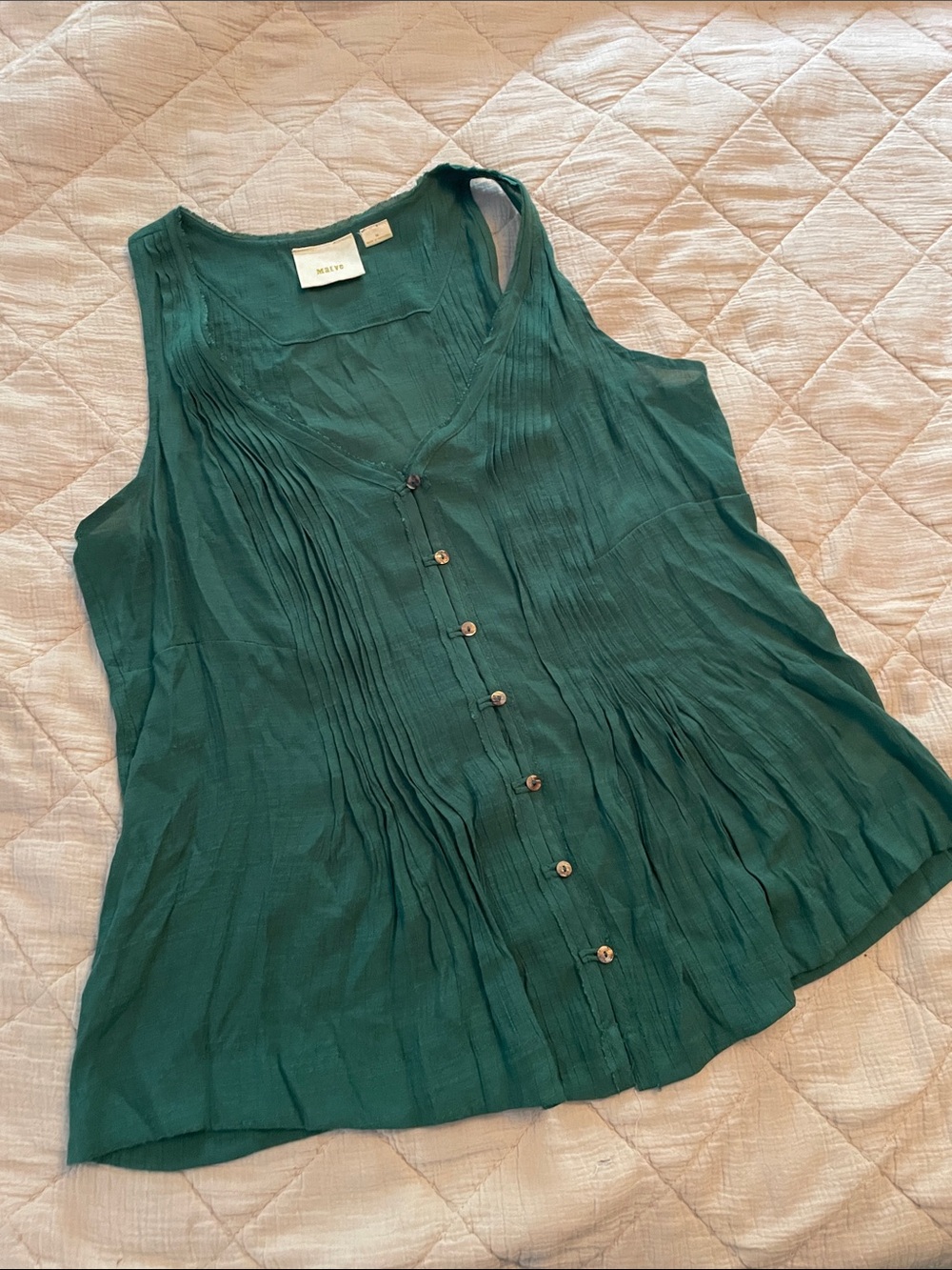 Maeve Emerald Green Pleated Button-Front sleeveless top